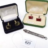 A pair of gold on silver cornellion set cufflinks, a pair of plated cufflinks, and a silver