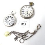 A silver half hunter pocket watch, and a Harrals type leaver pocket watch and fob chain