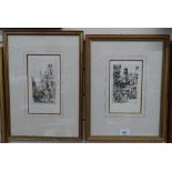 A pair of monochrome engravings, Middle Eastern street scenes, signed with monogram, framed