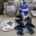 A Chinese blue and white glass jar and cover, 30cm, an Oriental ceramic jar and cover, and a