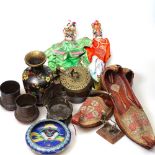 Various Oriental items, including cloisonne dragon bowl, slippers, bronze shrine etc