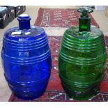 2 similar blue and green glass spirit barrels, 1 with original green glass stopper, height excluding