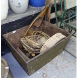 An Antique cast-iron trough with Hastings foundry mark, trugs, sieve etc