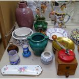 A Gien jug, 19cm, Oriental lacquer plates, coffee grinder etc