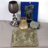 A plaque, 1908 inscribed goblet, 22cm, a bell, a metal figure etc