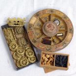 Brass cabinet handles, chessmen, roulette wheel, dice etc