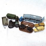 Vintage sunglasses in tin, a walnut writing slope with fitted interior, opera glasses, and Dinky