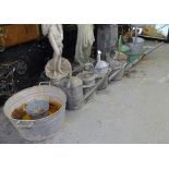 6 Vintage galvanised metal watering cans, and a 2-handled wash bowl