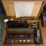 Meccano Hornby O gauge locomotive and tender, 2 passenger carriages, and buffers