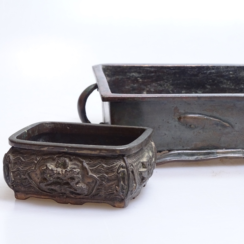 Oriental bronze rectangular Bonsai jardiniere, with embossed fish design, length 16cm, and a small