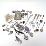 Assorted silver costume jewellery, silver-handled cutlery, a photo frame etc