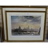 Rowland Hilder, 2 colour prints, sunset on The Thames 1983, image 16.5" x 24", and The First Snow,