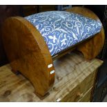 An Art Deco walnut stool with upholstered seat, W59cm