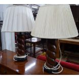 A pair of composite spiral turned table lamps and shades, height to bayonet 43.5cm