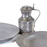 2 pewter plates, and Antique English pewter mug and cover, height 22cm