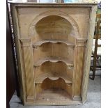 A 19th century pine niche, with 3 fitted shelves, W113cm