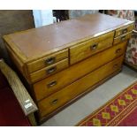 An unusual campaign style walnut 2-section chest, with 5 short and 2 long drawers, recessed brass