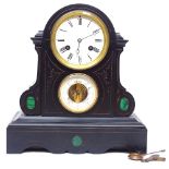 Engraved slate-cased mantel clock with inset malachite panels, height 35cm