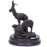 Bronze sculpture of 2 mountain goats on wooden plinth, height 38cm overall