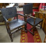 2 similar Antique Continental side chairs, with studded and tooled leather upholstery on turned legs