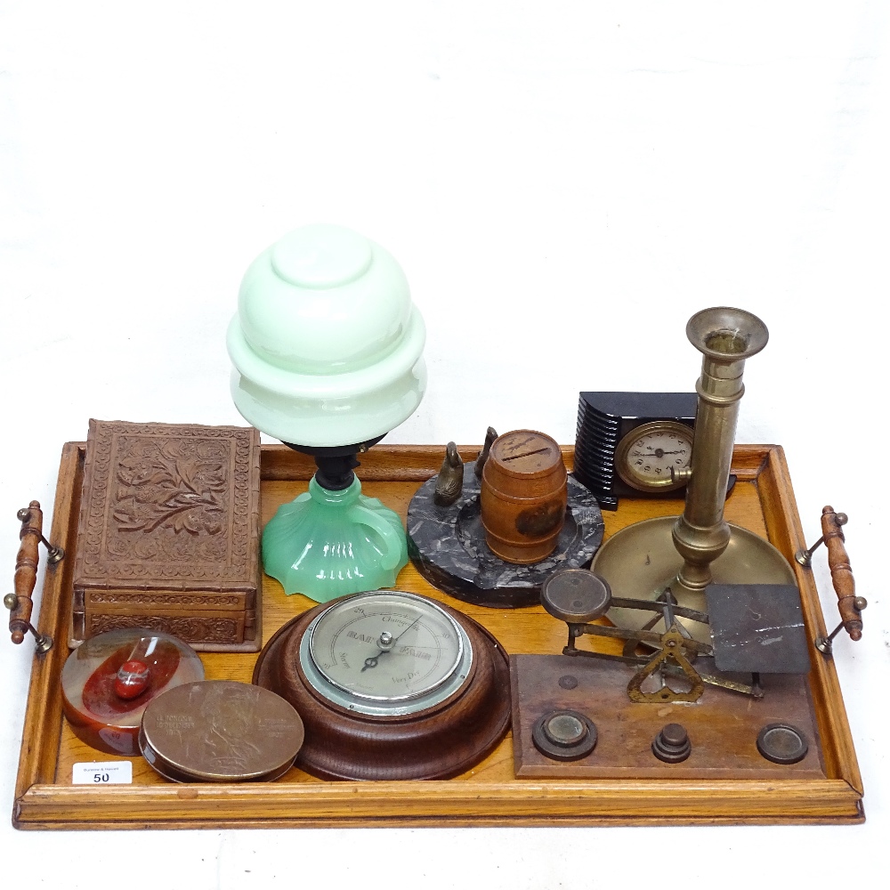 Dish surmounted by brass ducks, an oil lamp, height 29cm, an oak tea tray etc