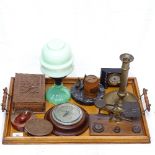 Dish surmounted by brass ducks, an oil lamp, height 29cm, an oak tea tray etc