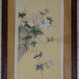 An Oriental coloured print on silk panel, flower study, framed