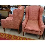 A pair of Edwardian wingback upholstered armchairs on square tapered legs with brass casters