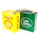 2 painted petrol cans with brass caps - Land Rover and Shell, height 31cm