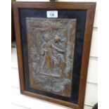Oak-framed embossed copper wall plaque, height 39cm overall