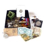 Coins, RAF badges, Rye Pottery basket, length 6cm, whistle etc