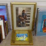 Oil on panel, Art Deco style study, figures on the beach and Watercolour continental study 2 boys
