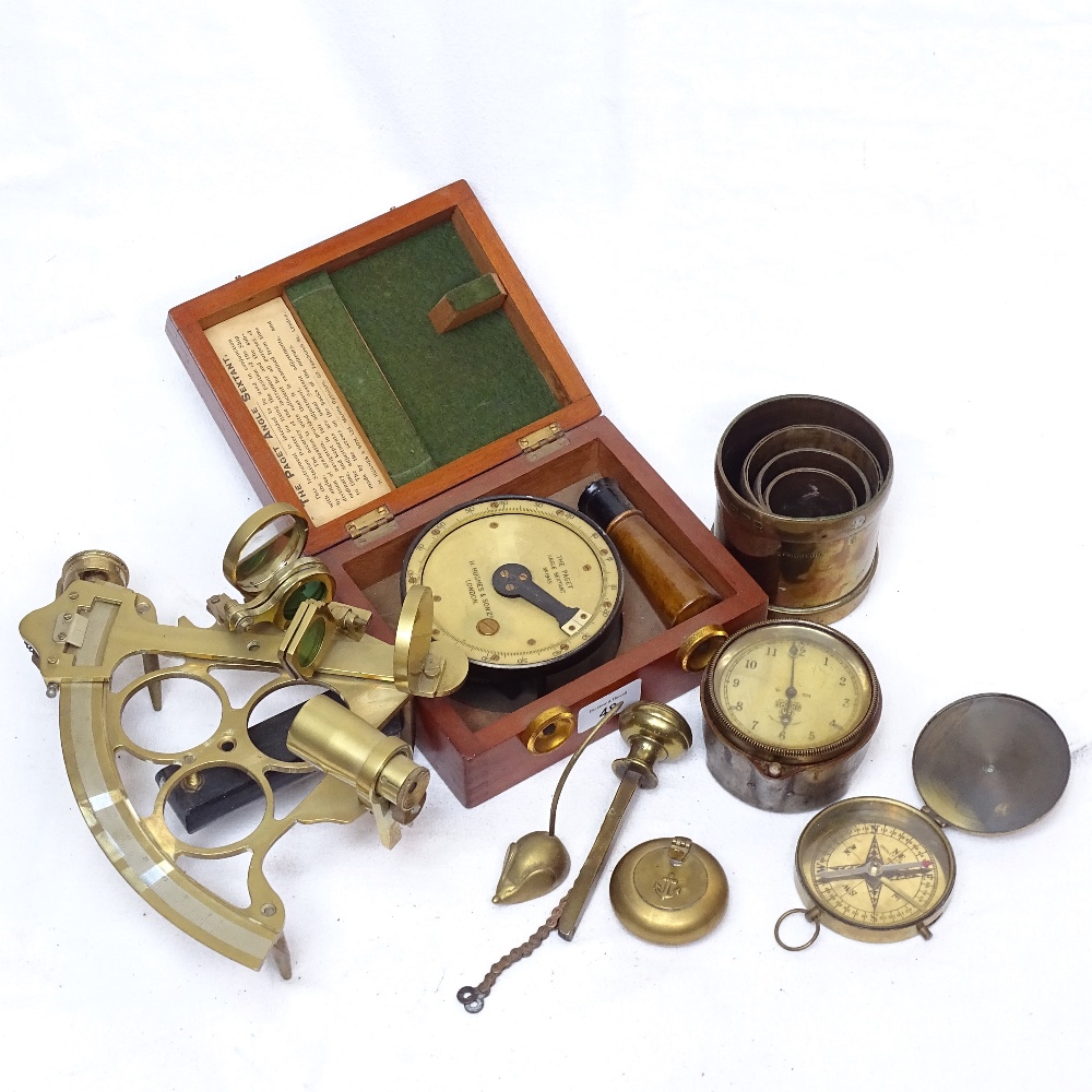 Cased Paget angle sextant, 2 other brass instruments, clock, measures etc