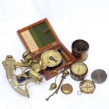 Cased Paget angle sextant, 2 other brass instruments, clock, measures etc