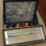 Oriental embroidered picture of a crane, a Chinese cork picture, boxes and dog of fo