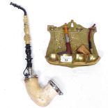 A silver-mounted Meerschaum pipe with engraved armorial, brass pipe rack, and 2 pipes