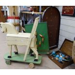 A Vintage painted wood toy horse on wheels, height 64cm, a Bagatelle, another game etc