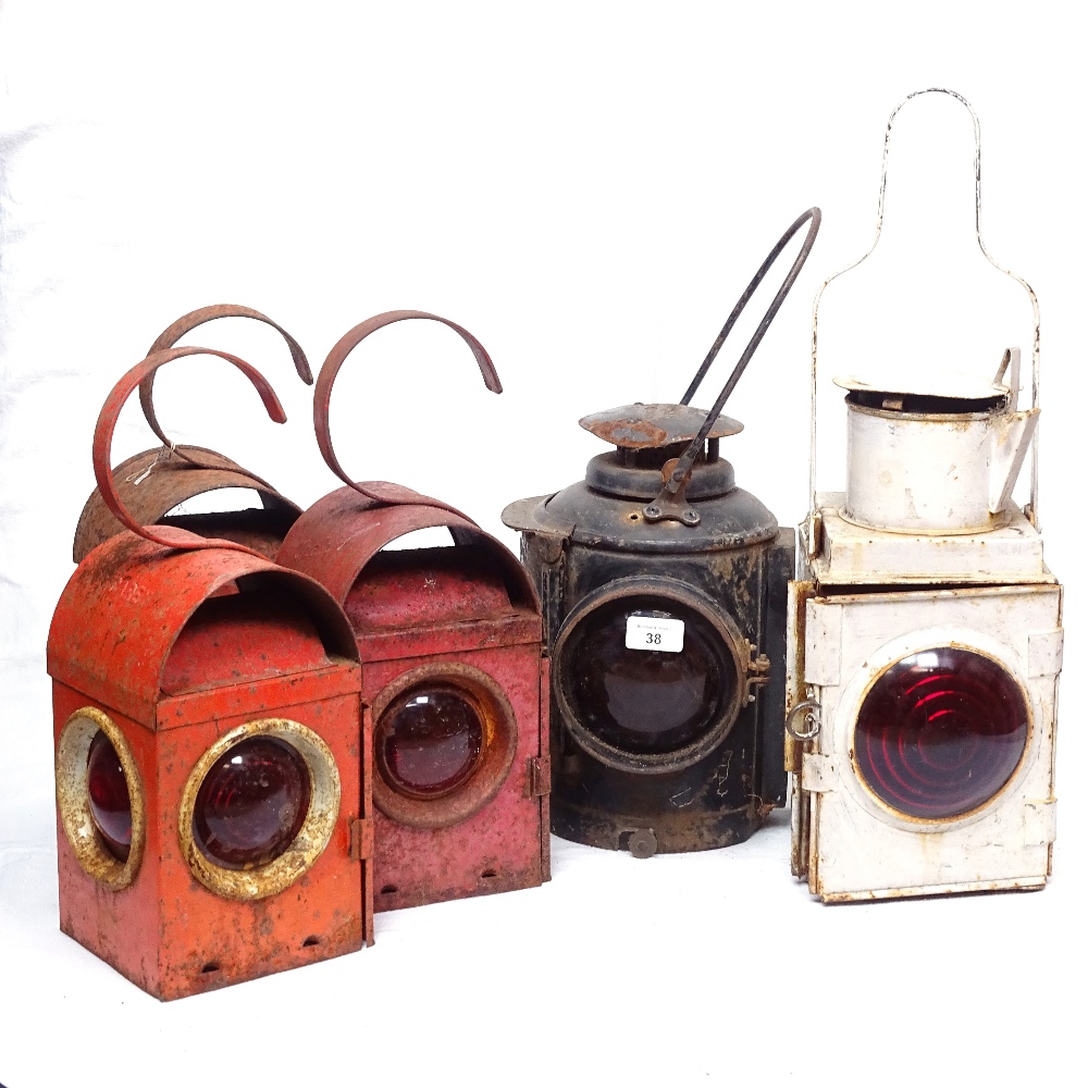 Antique railway lamp, height 47cm overall, a painted lantern, and 3 roadmen's lamps