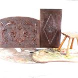 Artist's palettes, 2 carved panels, 43cm, and a small oak stool