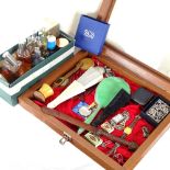 A wooden display case and contents - fans/letter knife etc, and a box of perfumes and perfume