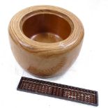 A Japanese stained wood hibachi bowl, diameter 31cm, height 21cm, and a soroban