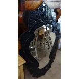 A large black and clear glass bevelled-edge Venetian style wall mirror, W93cm, H140cm