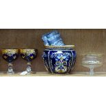 A Gien pot, a pair of gilded goblets, and a gilded glass bon bon dish