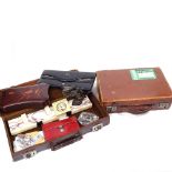 2 small leather cases with Oriental lacquer box, travel clock, costume jewellery, birds on a