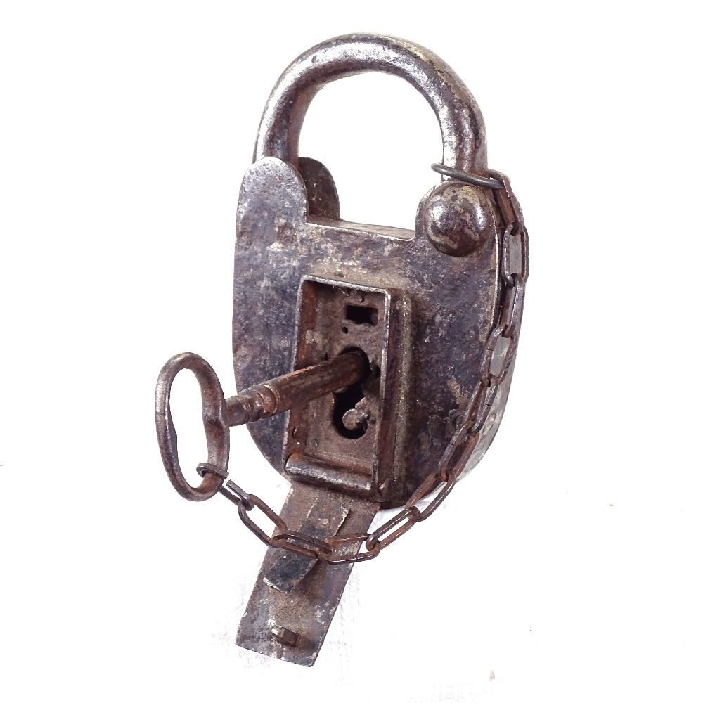 Antique steel padlock with original key, height 15cm