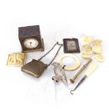 Baby's rattle, ivory buttons, miniature brass purse, clock etc