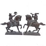 A pair of patinated brass Medieval figures on horseback, height 19cm