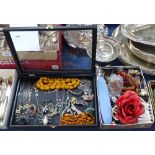 A jewellery box containing spider and dragonfly brooches etc, and a box of costume jewellery (2)