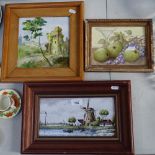 Framed painted tile depicting a Dutch view, 37cm overall, and 2 other framed painted tiles