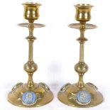 Antique turned brass candlesticks with inset Jasperware plaques 16cm